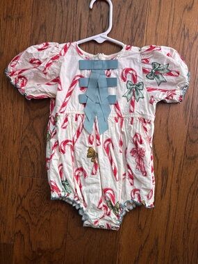 Pink Chicken White Candy Cane Bow Romper with Blue Ribbon